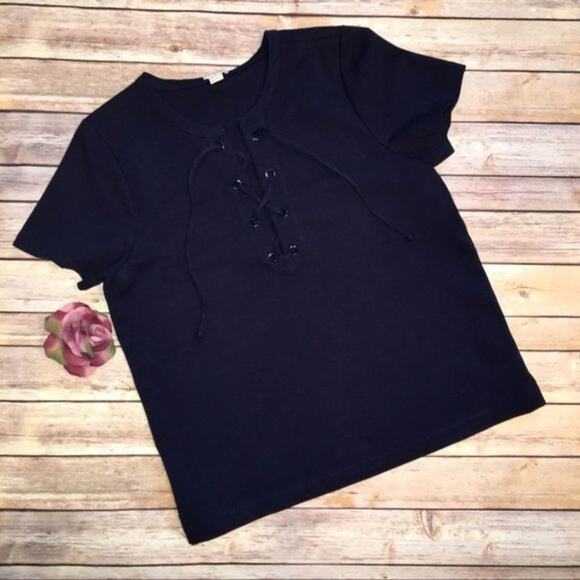 J Crew Factory Navy Lace Up Short Sleeve Tee M - Picture 2 of 4